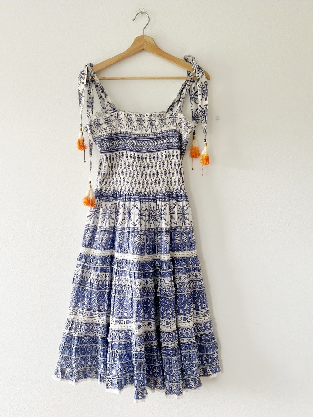 BELL by Alicia Bell | Smocked Tiered Porcelain Print MIDI Dress | XS